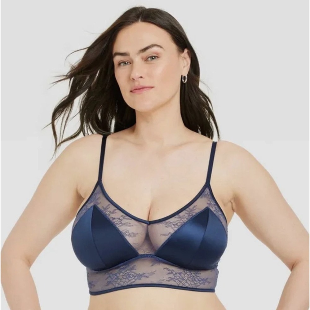 Women's Lace and Satin Navy Blue Bralette Bra XXL
